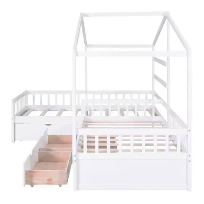 Lit superposé d'angle en L pour 2 enfants, lit plateforme double en forme de maison avec 3 tiroirs de rangement, lits superposés doubles en bois avec clôture et toit