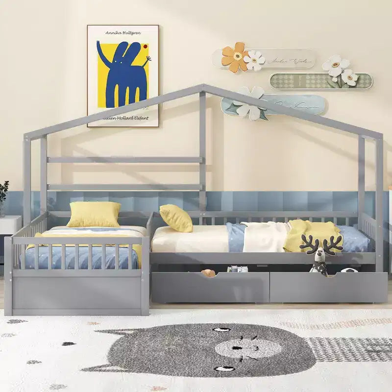 Lit superposé d'angle en L pour 2 enfants, lit plateforme double en forme de maison avec 3 tiroirs de rangement, lits superposés doubles en bois avec clôture et toit