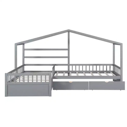 Lit superposé d'angle en L pour 2 enfants, lit plateforme double en forme de maison avec 3 tiroirs de rangement, lits superposés doubles en bois avec clôture et toit