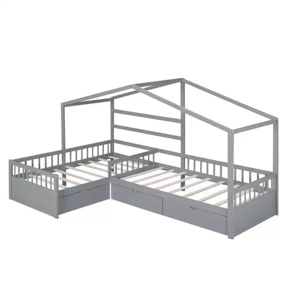Lit superposé d'angle en L pour 2 enfants, lit plateforme double en forme de maison avec 3 tiroirs de rangement, lits superposés doubles en bois avec clôture et toit