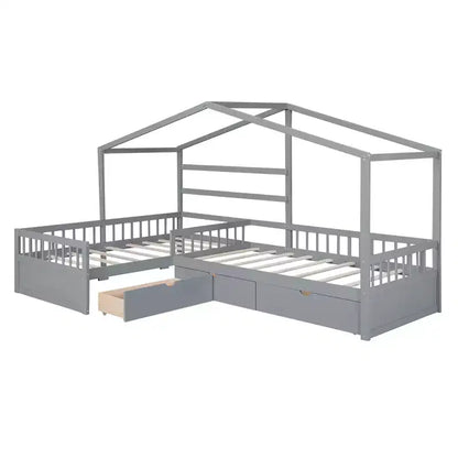 Lit superposé d'angle en L pour 2 enfants, lit plateforme double en forme de maison avec 3 tiroirs de rangement, lits superposés doubles en bois avec clôture et toit