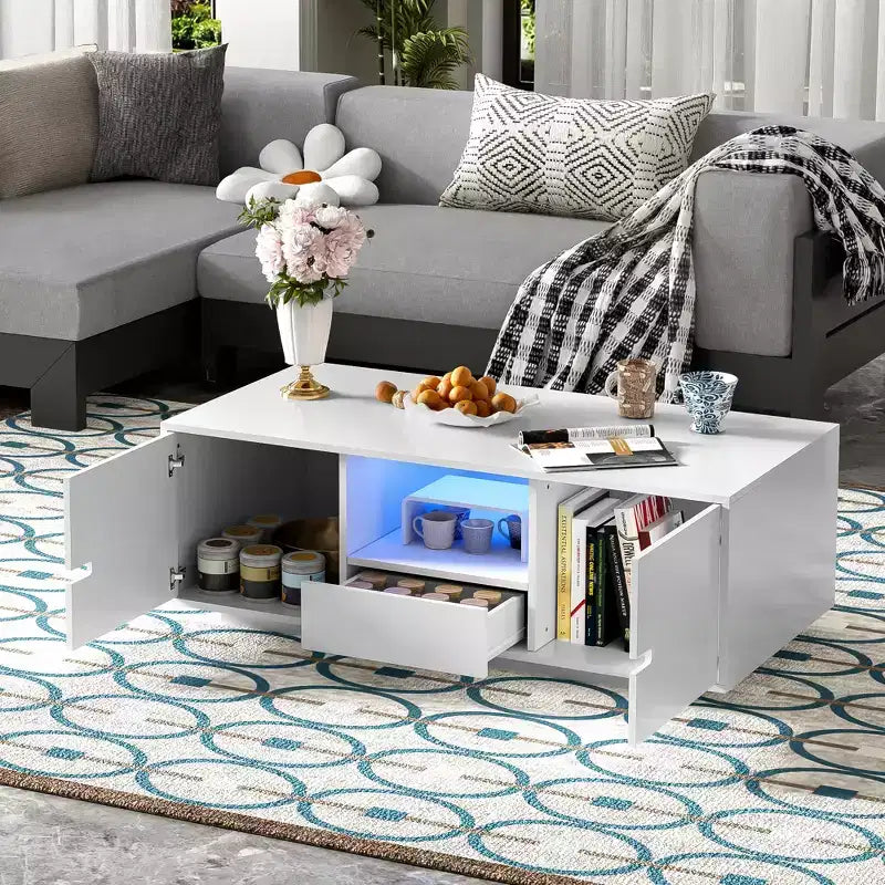 Bestier Modern High Glossy Rectangle Coffee Table, Stylish Center Table with Storage Space, Accent Furniture with 16 Color LED Lights for Living Room