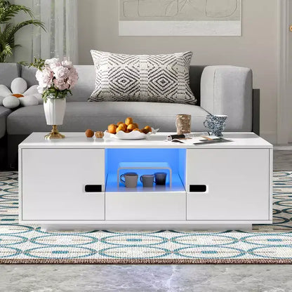 Table Basse Rectangulaire Moderne Laquée avec Rangement et Lumières LED 16 Couleurs pour Salon