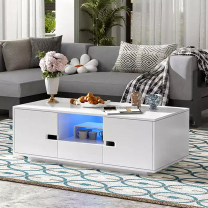 Table Basse Rectangulaire Moderne Laquée avec Rangement et Lumières LED 16 Couleurs pour Salon