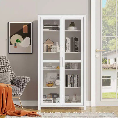 Armoire de cuisine garde-manger de 63 po, Armoire de rangement autonome, Vitrine avec 2 portes vitrées et 2 étagères réglables pour salle à manger