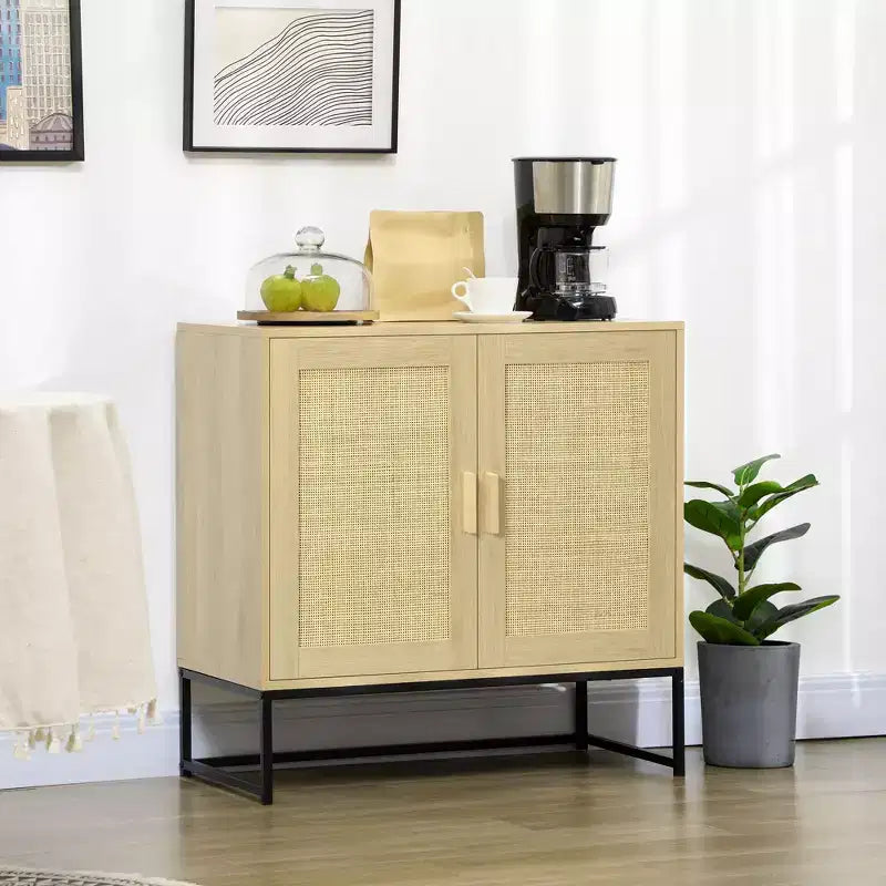 Buffet avec portes en rotin, étagère réglable, base en métal, armoire de rangement pour salon, chambre à coucher