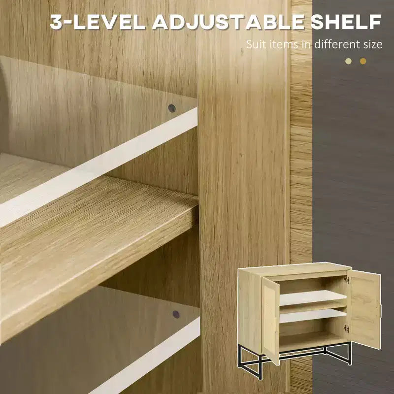 Buffet avec portes en rotin, étagère réglable, base en métal, armoire de rangement pour salon, chambre à coucher