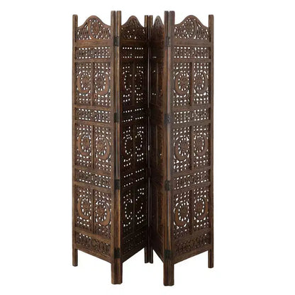Séparateur de pièce en bois de manguier à 4 panneaux, 71 pouces, motif soleil et lune sculpté à la main, marron