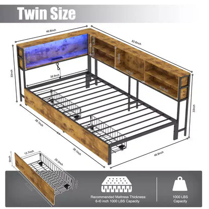 Lit de repos d'angle double/complet pour enfants avec bibliothèque de rangement et lumière LED, lit plateforme moderne