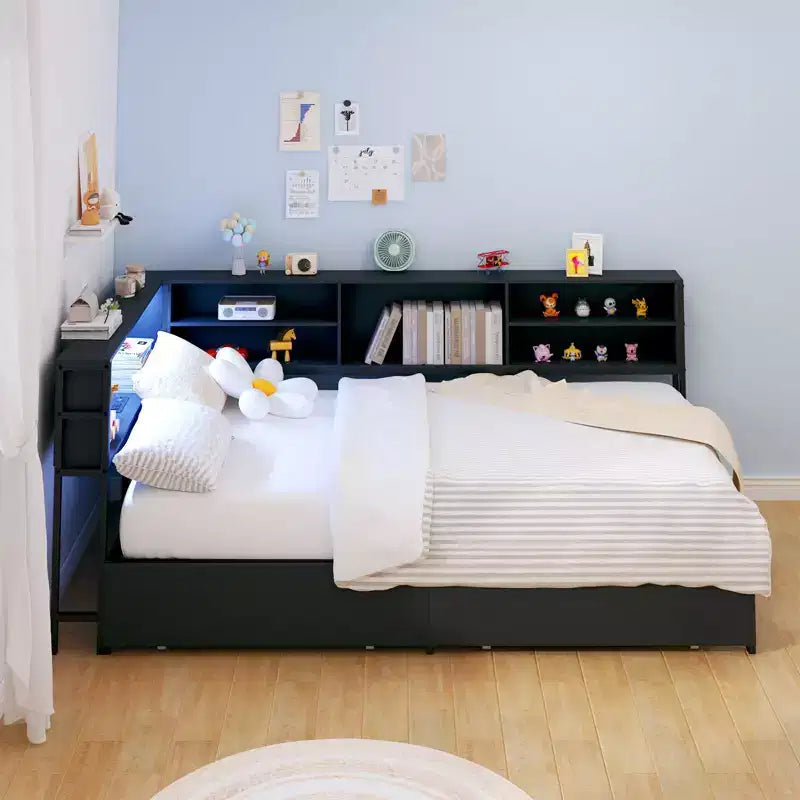 Lit de repos d'angle double/complet pour enfants avec bibliothèque de rangement et lumière LED, lit plateforme moderne