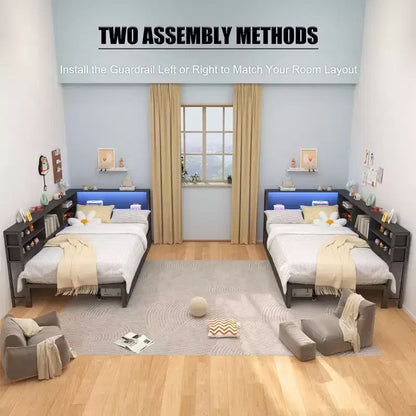 Lit de repos d'angle double/complet pour enfants avec bibliothèque de rangement et lumière LED, lit plateforme moderne