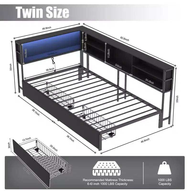 Lit de repos d'angle double/complet pour enfants avec bibliothèque de rangement et lumière LED, lit plateforme moderne