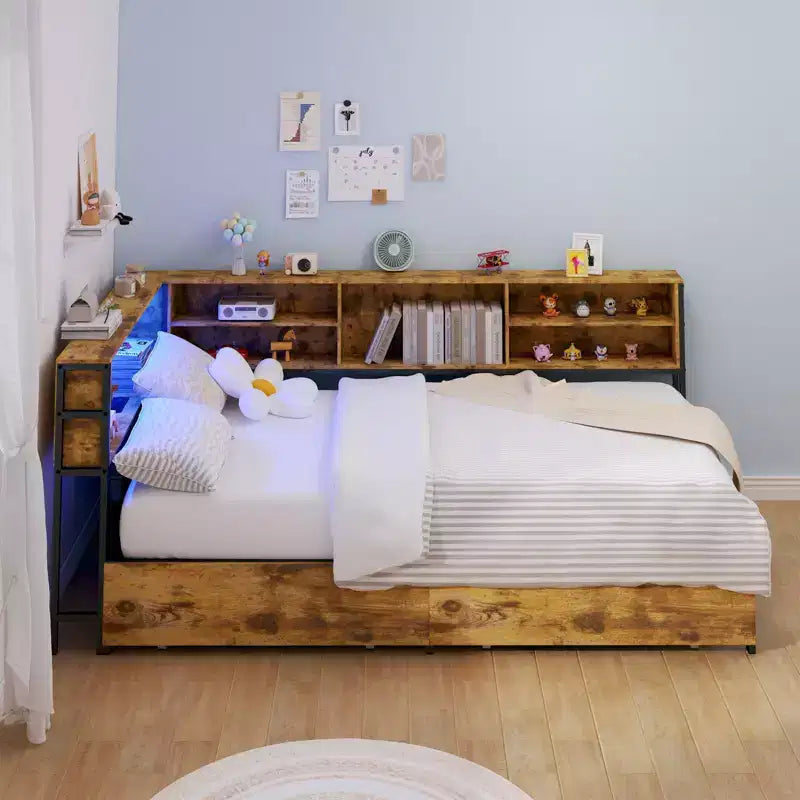 Lit de repos d'angle double/complet pour enfants avec bibliothèque de rangement et lumière LED, lit plateforme moderne