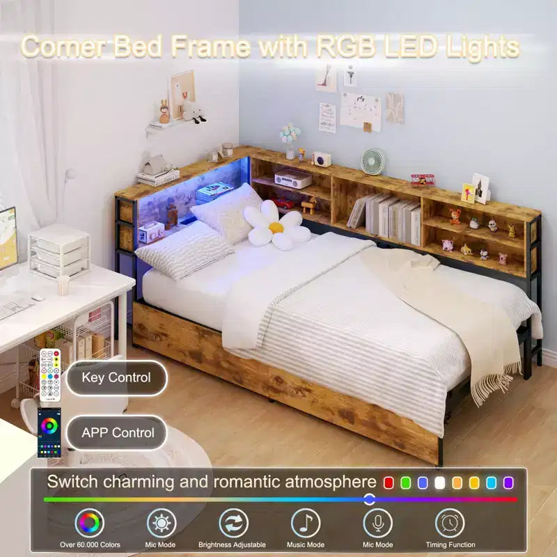 Lit de repos d'angle double/complet pour enfants avec bibliothèque de rangement et lumière LED, lit plateforme moderne