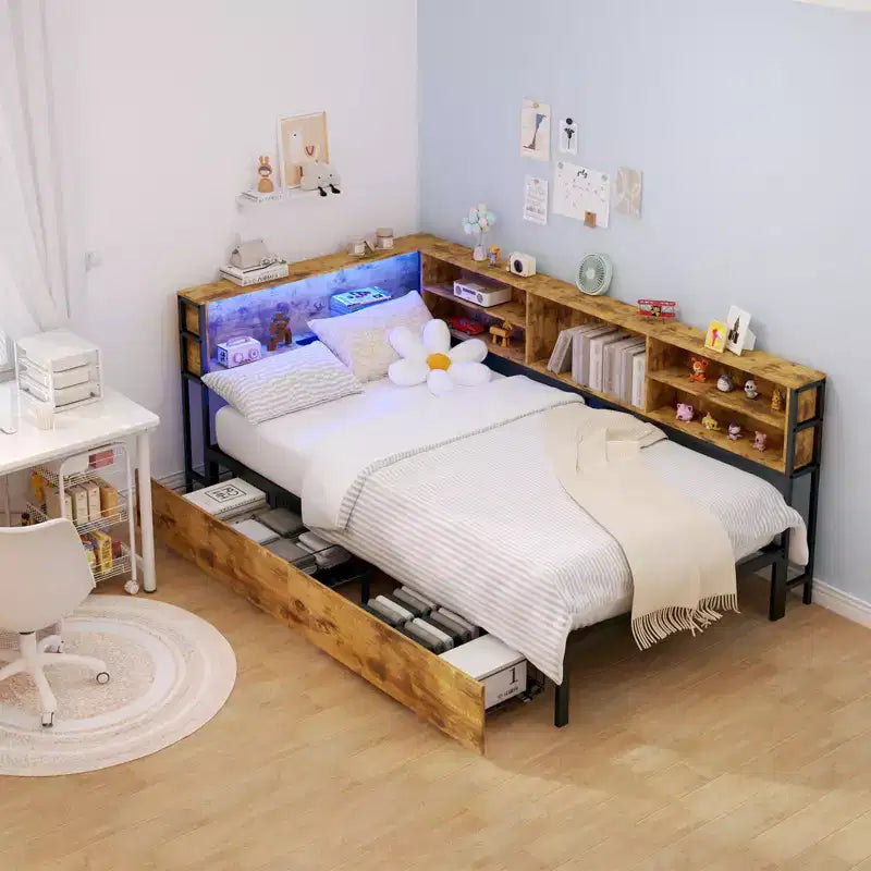 Lit de repos d'angle double/complet pour enfants avec bibliothèque de rangement et lumière LED, lit plateforme moderne