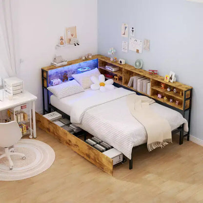 Lit de repos d'angle double/complet pour enfants avec bibliothèque de rangement et lumière LED, lit plateforme moderne