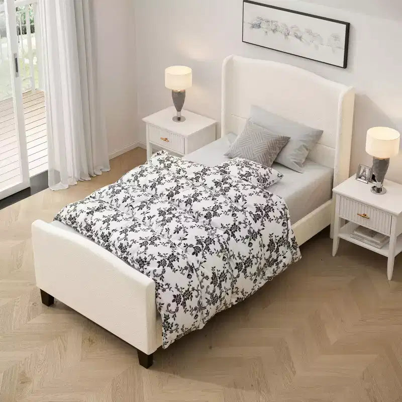 Cadre de lit plateforme toutes tailles avec tête de lit capitonnée en tissu Teddy, aucun sommier tapissier requis