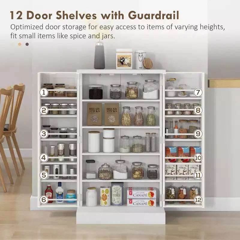 Meuble de cuisine autoportant, Armoire de rangement de cuisine avec étagère à 5 niveaux, 12 casiers à épices, Étagères réglables