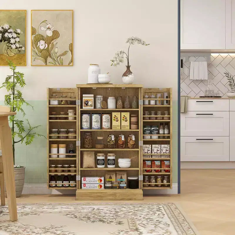 Meuble de cuisine autoportant, Armoire de rangement de cuisine avec étagère à 5 niveaux, 12 casiers à épices, Étagères réglables