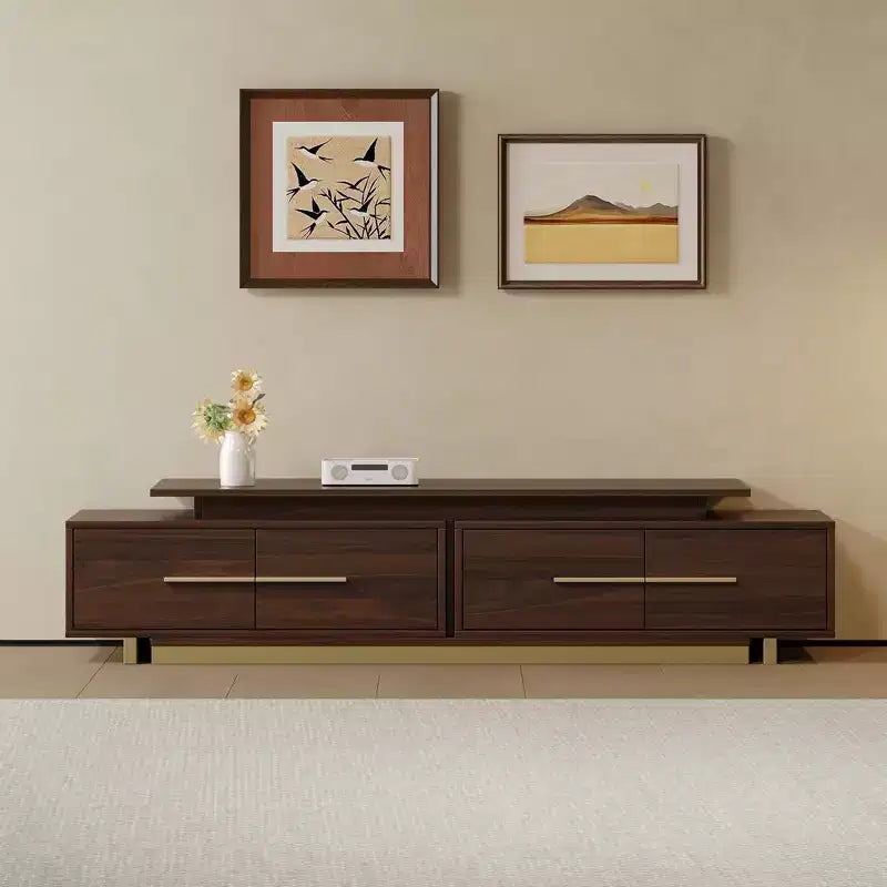 Meuble TV extensible de 161 cm à 240 cm pour téléviseurs jusqu'à 100", console multimédia moderne de style Mid-Century, noyer et acier inoxydable
