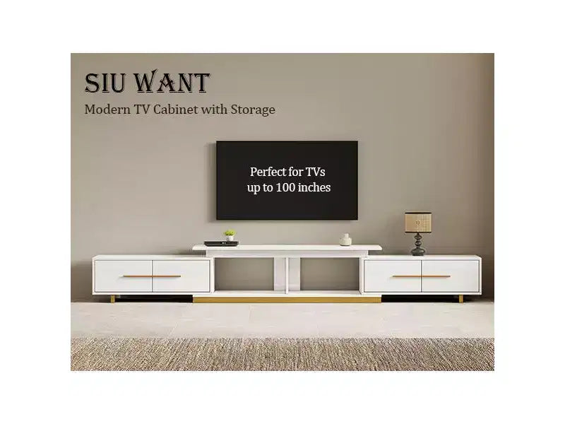 Meuble TV extensible de 161 cm à 240 cm pour téléviseurs jusqu'à 100", console multimédia moderne de style Mid-Century, noyer et acier inoxydable