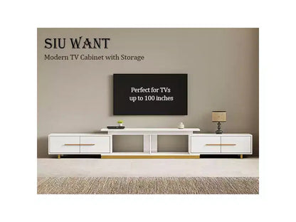 Meuble TV extensible de 161 cm à 240 cm pour téléviseurs jusqu'à 100", console multimédia moderne de style Mid-Century, noyer et acier inoxydable