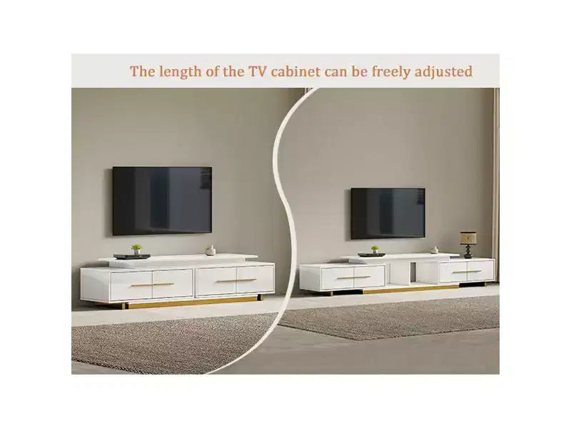 Meuble TV extensible de 161 cm à 240 cm pour téléviseurs jusqu'à 100", console multimédia moderne de style Mid-Century, noyer et acier inoxydable