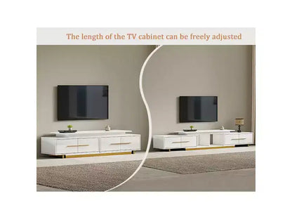 Meuble TV extensible de 161 cm à 240 cm pour téléviseurs jusqu'à 100", console multimédia moderne de style Mid-Century, noyer et acier inoxydable