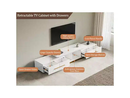 Meuble TV extensible de 161 cm à 240 cm pour téléviseurs jusqu'à 100", console multimédia moderne de style Mid-Century, noyer et acier inoxydable