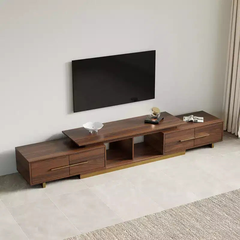 Meuble TV extensible de 161 cm à 240 cm pour téléviseurs jusqu'à 100", console multimédia moderne de style Mid-Century, noyer et acier inoxydable