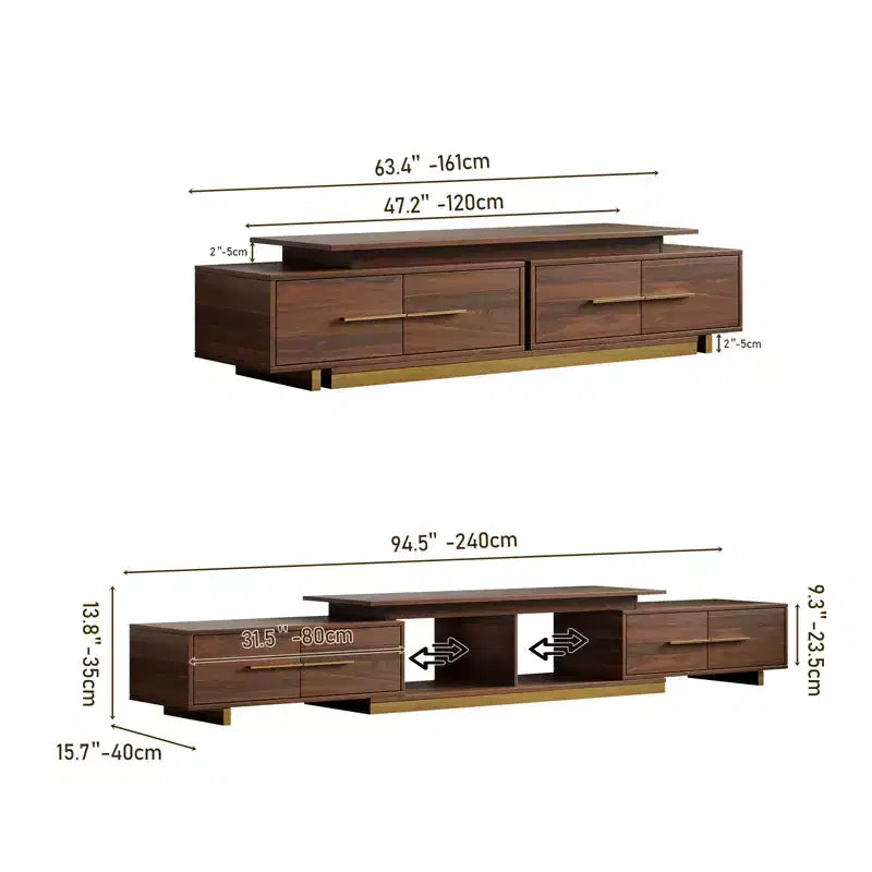 Meuble TV extensible de 161 cm à 240 cm pour téléviseurs jusqu'à 100", console multimédia moderne de style Mid-Century, noyer et acier inoxydable