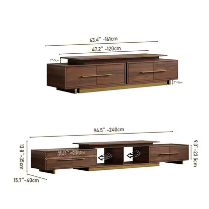 Meuble TV extensible de 161 cm à 240 cm pour téléviseurs jusqu'à 100", console multimédia moderne de style Mid-Century, noyer et acier inoxydable
