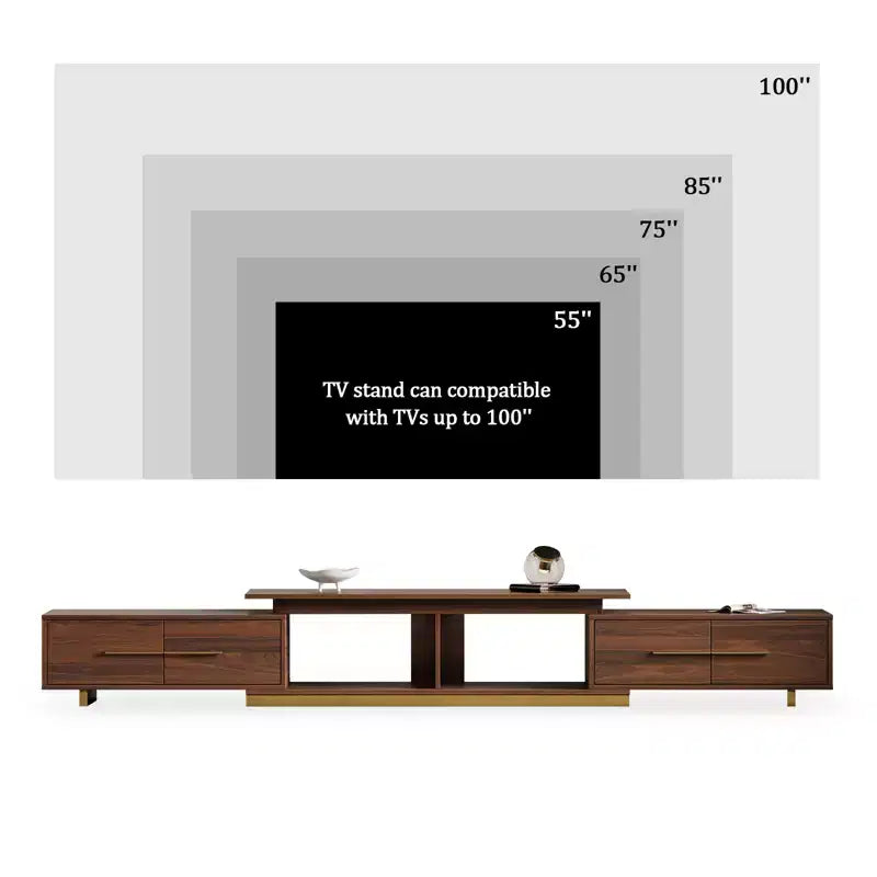 Meuble TV extensible de 161 cm à 240 cm pour téléviseurs jusqu'à 100", console multimédia moderne de style Mid-Century, noyer et acier inoxydable