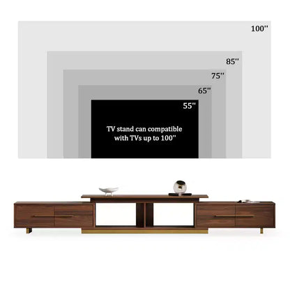 Meuble TV extensible de 161 cm à 240 cm pour téléviseurs jusqu'à 100", console multimédia moderne de style Mid-Century, noyer et acier inoxydable