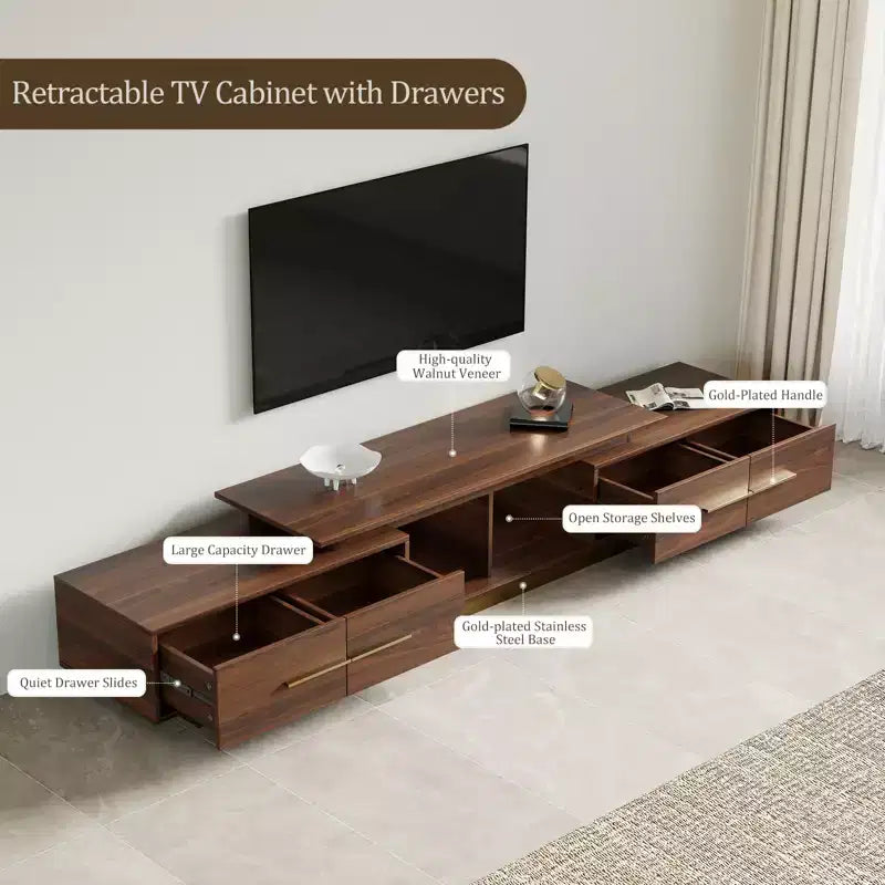 Meuble TV extensible de 161 cm à 240 cm pour téléviseurs jusqu'à 100", console multimédia moderne de style Mid-Century, noyer et acier inoxydable