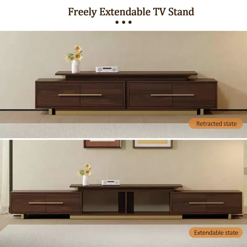 Meuble TV extensible de 161 cm à 240 cm pour téléviseurs jusqu'à 100", console multimédia moderne de style Mid-Century, noyer et acier inoxydable