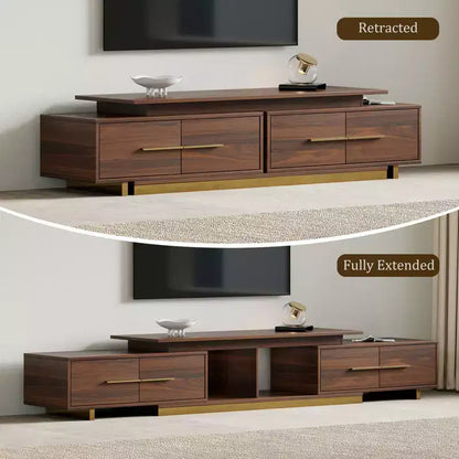 Meuble TV extensible de 161 cm à 240 cm pour téléviseurs jusqu'à 100", console multimédia moderne de style Mid-Century, noyer et acier inoxydable
