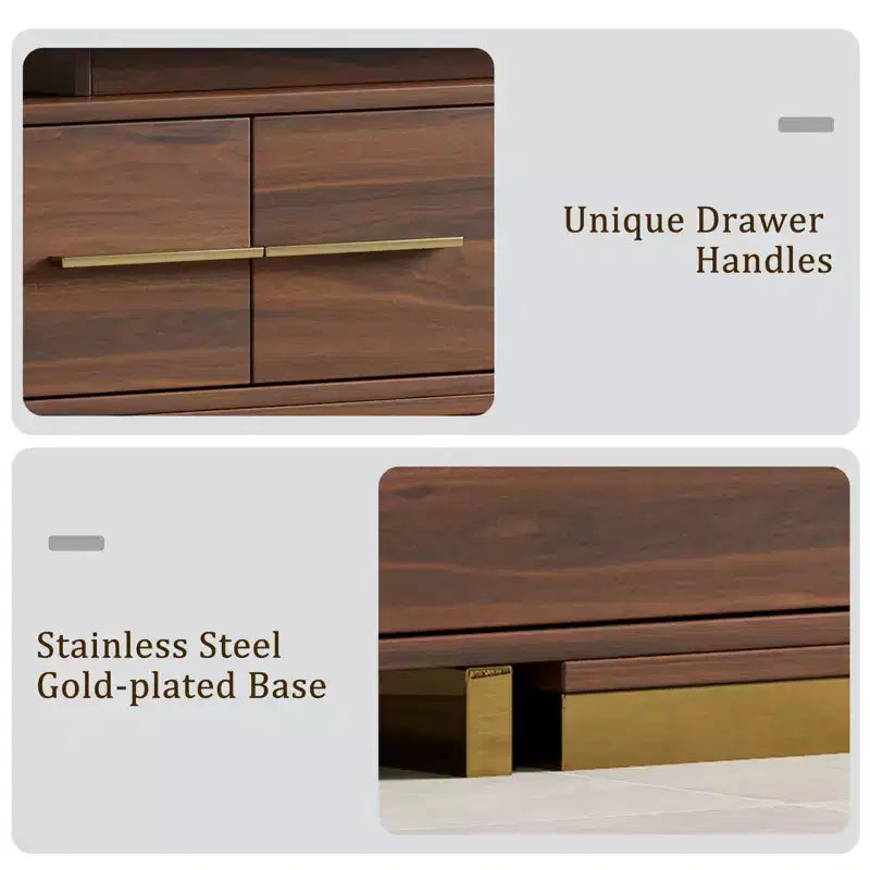 Meuble TV extensible de 161 cm à 240 cm pour téléviseurs jusqu'à 100", console multimédia moderne de style Mid-Century, noyer et acier inoxydable