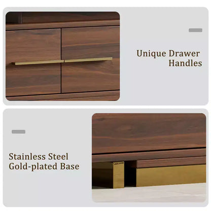 Meuble TV extensible de 161 cm à 240 cm pour téléviseurs jusqu'à 100", console multimédia moderne de style Mid-Century, noyer et acier inoxydable