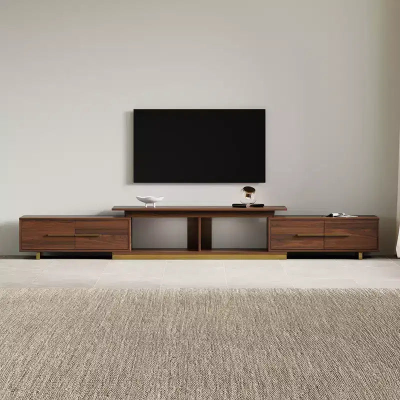 Meuble TV extensible de 161 cm à 240 cm pour téléviseurs jusqu'à 100", console multimédia moderne de style Mid-Century, noyer et acier inoxydable