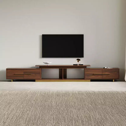 Meuble TV extensible de 161 cm à 240 cm pour téléviseurs jusqu'à 100", console multimédia moderne de style Mid-Century, noyer et acier inoxydable