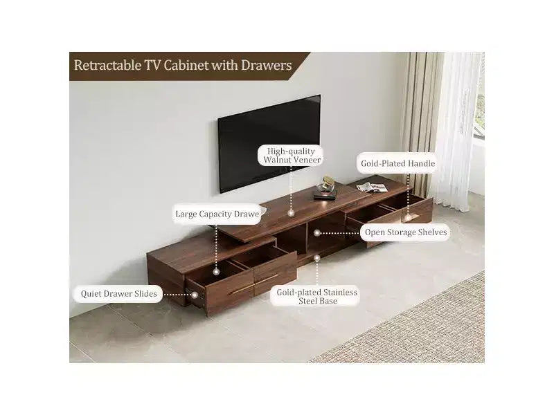 Meuble TV extensible de 161 cm à 240 cm pour téléviseurs jusqu'à 100", console multimédia moderne de style Mid-Century, noyer et acier inoxydable