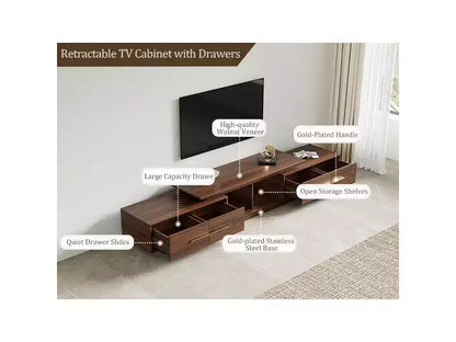 Meuble TV extensible de 161 cm à 240 cm pour téléviseurs jusqu'à 100", console multimédia moderne de style Mid-Century, noyer et acier inoxydable