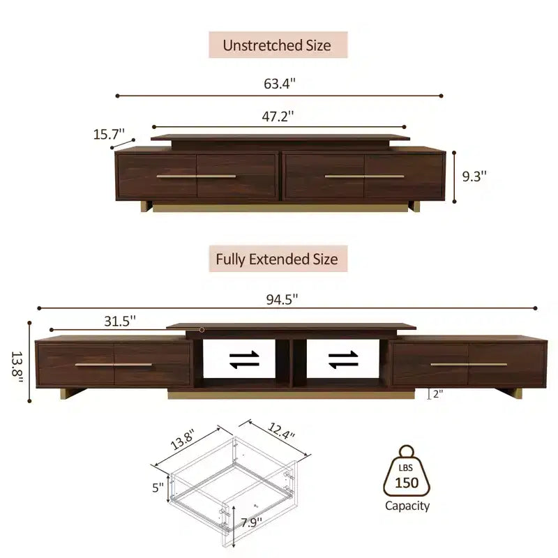 Meuble TV extensible de 161 cm à 240 cm pour téléviseurs jusqu'à 100", console multimédia moderne de style Mid-Century, noyer et acier inoxydable