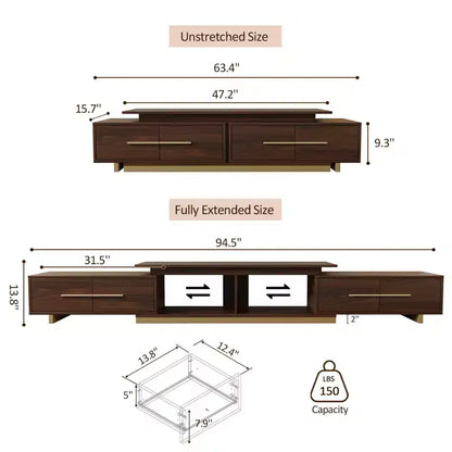 Meuble TV extensible de 161 cm à 240 cm pour téléviseurs jusqu'à 100", console multimédia moderne de style Mid-Century, noyer et acier inoxydable