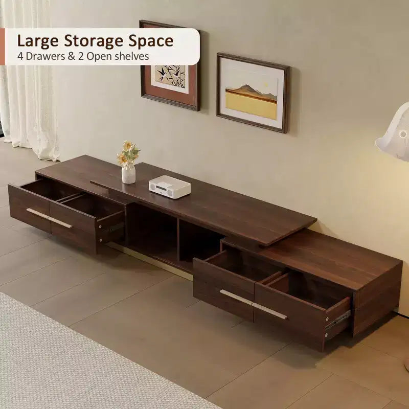 Meuble TV extensible de 161 cm à 240 cm pour téléviseurs jusqu'à 100", console multimédia moderne de style Mid-Century, noyer et acier inoxydable