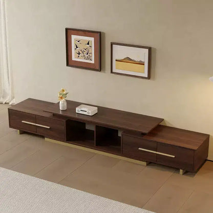 Meuble TV extensible de 161 cm à 240 cm pour téléviseurs jusqu'à 100", console multimédia moderne de style Mid-Century, noyer et acier inoxydable