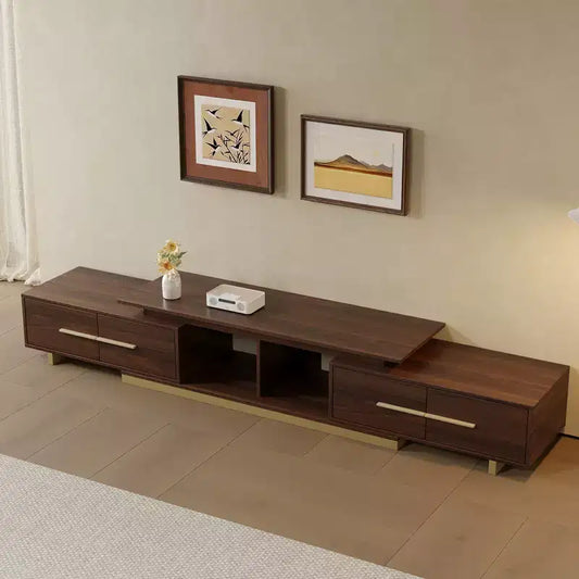 Meuble TV extensible de 161 cm à 240 cm pour téléviseurs jusqu'à 100", console multimédia moderne de style Mid-Century, noyer et acier inoxydable
