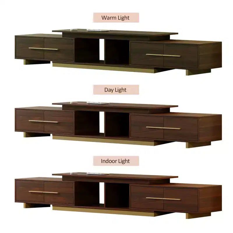 Meuble TV extensible de 161 cm à 240 cm pour téléviseurs jusqu'à 100", console multimédia moderne de style Mid-Century, noyer et acier inoxydable