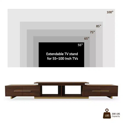 Meuble TV extensible de 161 cm à 240 cm pour téléviseurs jusqu'à 100", console multimédia moderne de style Mid-Century, noyer et acier inoxydable